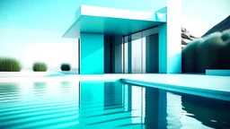 Create an image featuring minimalist architecture with elements of color and water. The scene should be sleek and modern, showcasing geometric structures with clean lines. Introduce vibrant colors in accents or lighting to contrast the minimalist design. Incorporate water elements such as reflective pools, water fountains, or ponds that blend harmoniously with the architecture. The mood should be serene and tranquil, capturing a calm and aesthetically pleasing environment. Consider using natural