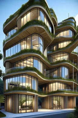 Quiero un edificio con 4 pisos moderno utilizando la teoría de arquitectura orgánica.