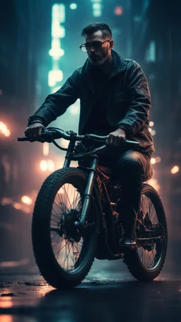 Shi Fi man on a modern bike ,atmospheric lighting effects, intricate industrial details, moody atmosphere, eerie grimdark ambiance, complex motherboard accents, speculative fiction art. Bokeh