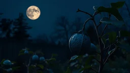 unique blue moon fruit growing in yard, night, full moon, 8k, high quality, trending art, trending on artstation, sharp focus, studio photo, intricate details, highly detailed, by tim burton