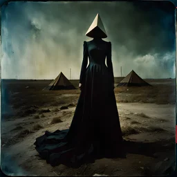 Photorealistic polaroid nothingness and distress, wooden void, wasteland night Max Ernst, obsessive, hypnotic, Hieronymus Bosch, Yves Tanguy, volumetric light, shot on Hasselblad, movie shot, details of the dress accentuated, nightmare, hypermaximalist