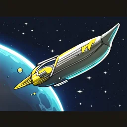 draw cartoon yellow banana as starship flying in space.