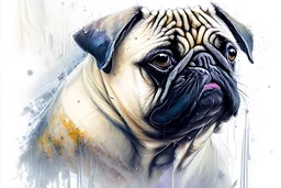 Pug, portrait by Willem Haenraets, watercolor, wet on wet and splattering techniques, centered, perfect composition, abstraction, surrealism
