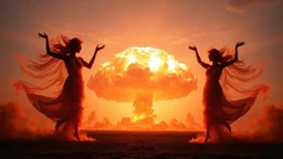 a nuclear explosion cloud(middle), the wind and smoke from the explosion forming shapes of dancing women(left and right sides), worship