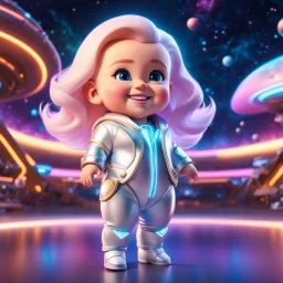 (masterpiece, best quality, 8k, RAW photo, beautiful and aesthetic:1.2), complex detail, Indirect light, photorealistic, (((full body))), Cosmic Boss Baby style smiling, Long clear curvy hair, colorfull Sci-Fi environment