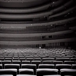 one chair on stage in spotlight close up view facing empty audience at a dark and empty symphony hall