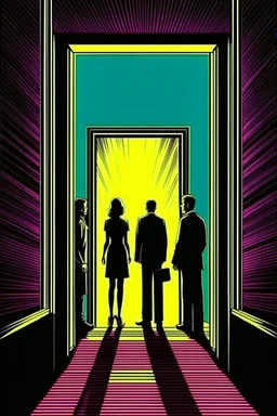 Vintage pop art style, light of hope shinning through a doorway on people in a dark room