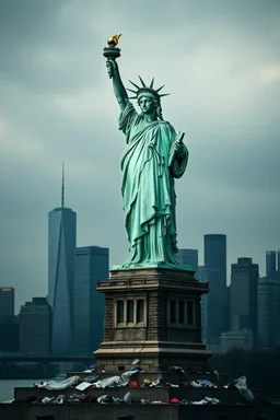 the statue of liberty, dress tattered an torn, her face solemn and terse, trash littered at her feet, the skyline dark and grungy