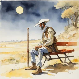 Don Quixote sitting on a bench, aquarelle by Moebius