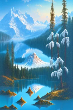 mountain with ice-cream on top, lake, trees, mystical, Post-painterly abstraction