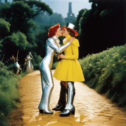 [colour photo by Helmut Newton] Dorothy in Oz kissing the Tin Man on the yellow brick road