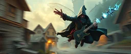 super duper mega rock star fairy thief priest dungeons magician throwing a wild magic spell that performs while flying at high speed through cyber punk village, background motion blur, painted by Rembrandt