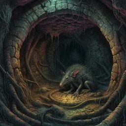 Grotesque Lovecraftian sewer rat God flailing tails in creepy rat infested tunnel, magical realism, by H.R. Giger, by Zdzislaw Beksinski, fantastical detailed 3D artwork, deep color, intricate detail, complementary colors, trending on DeviantArt, dark Eldritch atmosphere.