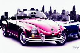 a true-to-life volkswagen karmann ghia cabrio, centered, intricate, extreme detailed, photorealism, center view, city background, pivot on volkswagen, pen and color marker painting by cheryl kelley