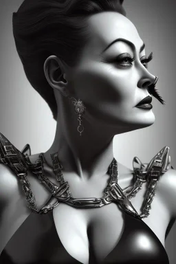 Joan Crawford as evil queen in black leather, busty, cleavage, dominatrix, curvy, angry, stern look. unreal 5, octane render, cinema4d, dynamic lighting, dramatic lighting, 4k, redshift render, highly detailed, hyper realistic,anthropomorphic black wolf long