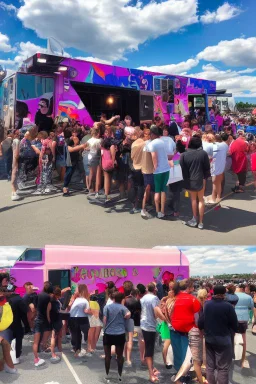 stadium sized crowd waiting in line for awesome looking food truck that has a bunch of bright paint and flashy lighs