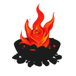 a fire pit with dark embers and the flames spiral outward like petals to make the shape of a rose flower(red) , black and red Vector on white background