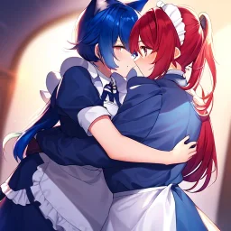 Clear Focus, High resolution, wearing a maid uniform, fluffy hair and a long ponytail, blue hair, cat ears, meowing, hugging another girl with red long fluffy hair also wearing a maid outfit