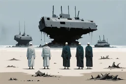 (((three)) long-legged lean determined black-grey monks with ((beak-shaped heads)) (wearing white khiton) standing in front of a tank wreck on a radioactive beach, front view, acrylic painting, minimal art, centered, wild sparse brushstrokes, amazing verticals, great parallels, low bleak colors of gray, blue and black, excellent negative space contrasts