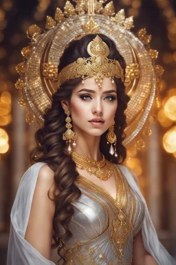 Close up Beautiful Goddess Photo Portrait Fantasycore Artwork, fullbody,wearing traditional golden silver ornaments dress ,Intricate Photography, A Masterpiece