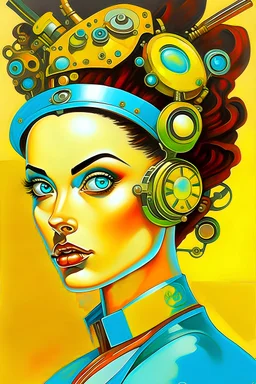 portrait of a steampunk cyborg lady by Salvador Dali, surrealism, colourful, colorful, award winning, crisp quality, simple comic style, sharp focus, hyperrealism, oil painting