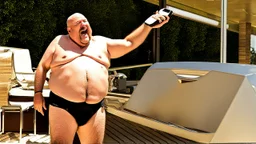 bald old fat guy in a halter top and panties yelling on the phone