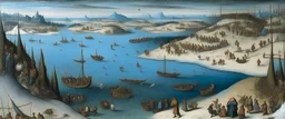 An indigo glacial ocean near a tundra painted by Pieter Bruegel the Elder