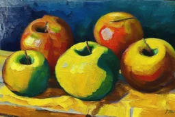 Abstract impasto oil painting of an apples on a table in the style of cezanne style of William Turner