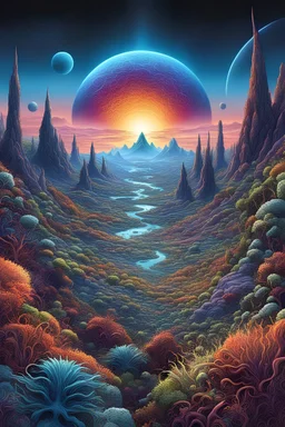 A highly detailed and colorful digital Illustration of a psychedelic alien planet, alien looking plants with limbs and human features, trippy atmosphere, beautiful fantasy landscape, realistic and natural, cosmic sky, detailed full-color, nature, galen rowell, david muench, james mccarthy, hirō isono, realistic surrealism, elements by nasa, magical, detailed, alien plants, gloss, hyperrealism, pastels, metaphysical, doodle, unreal engine, trending on artstation, dadaism, anime, ch