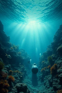A view of atlantis the lost city under the ocean water with marine plants and a submarine is sinking underwater and small divers are diving around , cinematic scene with fish and sharks around, high quality picture with rough water