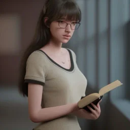 Study girl in university by read a room, on book, movie, real photo realistic, unreal engine, cinematic lighting --ar 1:1 creative