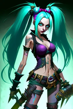 Jinx is a fictional character from the video game "League of Legends." She is typically depicted with long, blue hair and green eyes, and wears a stylish and revealing outfit that resembles a classic magicians' costume. Jinx is often armed with a variety of weapons such as swords, explosive devices, and sharp throwing stars which she uses to fight her enemies in battle. Her chaotic and unpredictable nature is reflected in her maniacal laughing and energetic movements.