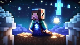 Minecraft Character, minecraft theme, purple starry sky, meditating, facing back, wearing gown, chinese theme, minecraft style