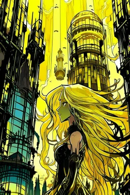 bizarre surreal arafed art, (((heavily stylized Rapunzel))) inside an urban vector tower made of glass columns and dark perpendiculars, (((no facial details))), black revert facial silhouette, demonic yellow slit eyes, fuzzy interlocking untamed hair, long glowing blonde hair like a golden waterfall sweeping into a massive vertical pillar, deconstruct aesthetic, spindle shock, elegant Art Nouveau features with Klimt gold leaf textures, warm yellow orange beige and amber light reflections, abstra