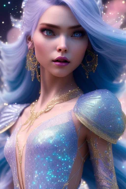 woman glitter blue fairy in a galactic ambiance, long blue hair, detailed gorgeous smile, delicate colors in the foreground, full of details, smooth, light effect，vaporwave colorful, smooth, extremely sharp detail, finely tuned detail, ultra high definition, 8 k, unreal engine 5, ultra sharp