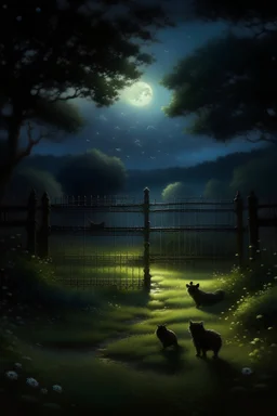 una noche sin luna, iluminada por luciérnagas , las puertas de la reja abiertas, el oso huyendo felíz hacia su libertad en el campo