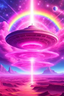 vaisseau interdimensionnel de couleur rose, grands rayonnements, dans un cosmos rose et jeu très étoilé d'or, 8K,ufo rainbow