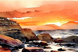 Sunset, rocks, mountains, rocky land, epic, winslow homer watercolor paintings