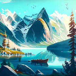 Create an illustration of a picturesque Norwegian landscape, featuring majestic mountains, serene fjords, and lush forests, capturing the natural beauty and tranquility of Norway that inspires creativity.