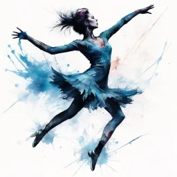 Long-shot perspective, silhouette of figure skater Peggy Flemming in mid-air performing a triple axel, textured Speed paint with large rough brush strokes, watercolor, heavy paint splatter, by Carne Griffiths, by Russ Mills, kinetic impressionism, masterpiece, particles, by Renoir, fine art, blue tones, dramatic, romantic, magical mist, cool colors, perfect anatomy