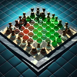 isometric, glass of many coloured liquid with ice cubes on a marble chess board, raytraced, volumetric fog