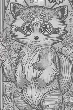 coloring book page of a magical raccon pokemon ,monochrome, black and white, sharp, sketch drawing