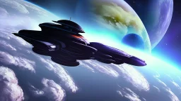 space ship in orbit around planet