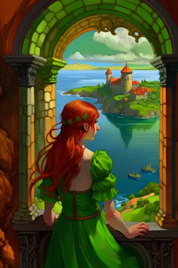 A side view of a red-haired fairy looking out of a window overlooking a large bay. Far below in the bay you can see an island surrounded by water with a church on top of a hill.
