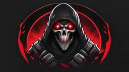 a round logo featuring a reaper like soldier with red glowing eyes, in a black background