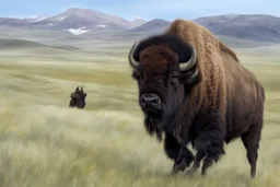 Bison walking towards viewer's right, on white background, fades out on the left