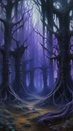 A dark purple forest with portals and noxious beetles designed in Heidrun manuscripts painted by Claude Monet
