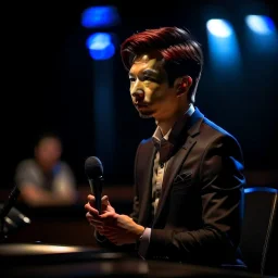 Christer Chao, young dark and handsome, directing a debate, photo-realistic, shot on Hasselblad h6d-400c, zeiss prime lens, bokeh like f/0.8, tilt-shift lens 8k, high detail, smooth render, down-light, unreal engine, downlight, prize winning