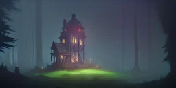 Ruined abandoned overgrown small castle tower in a dense coniferous forest, night, misty, atmospheric, fireflies