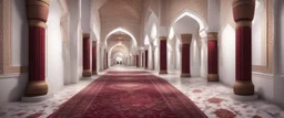 Hyper realistic detailed hallway inside White wall Mosque with maroon pillars & beautiful carpet at night